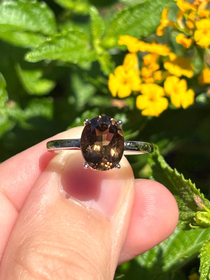 Natural Smoky Quartz Ring, 9x7mm Oval Solitaire Ring, Sterling Silver Promise Ring, Brown Gemstone Ring, Gift for Her