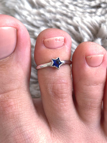 Sterling Silver Star Toe Ring, Blue CZ Star Ring, Celestial Toe Ring, Adjustable Silver Toe Ring, Minimalist Star Jewelry, Gift for Her