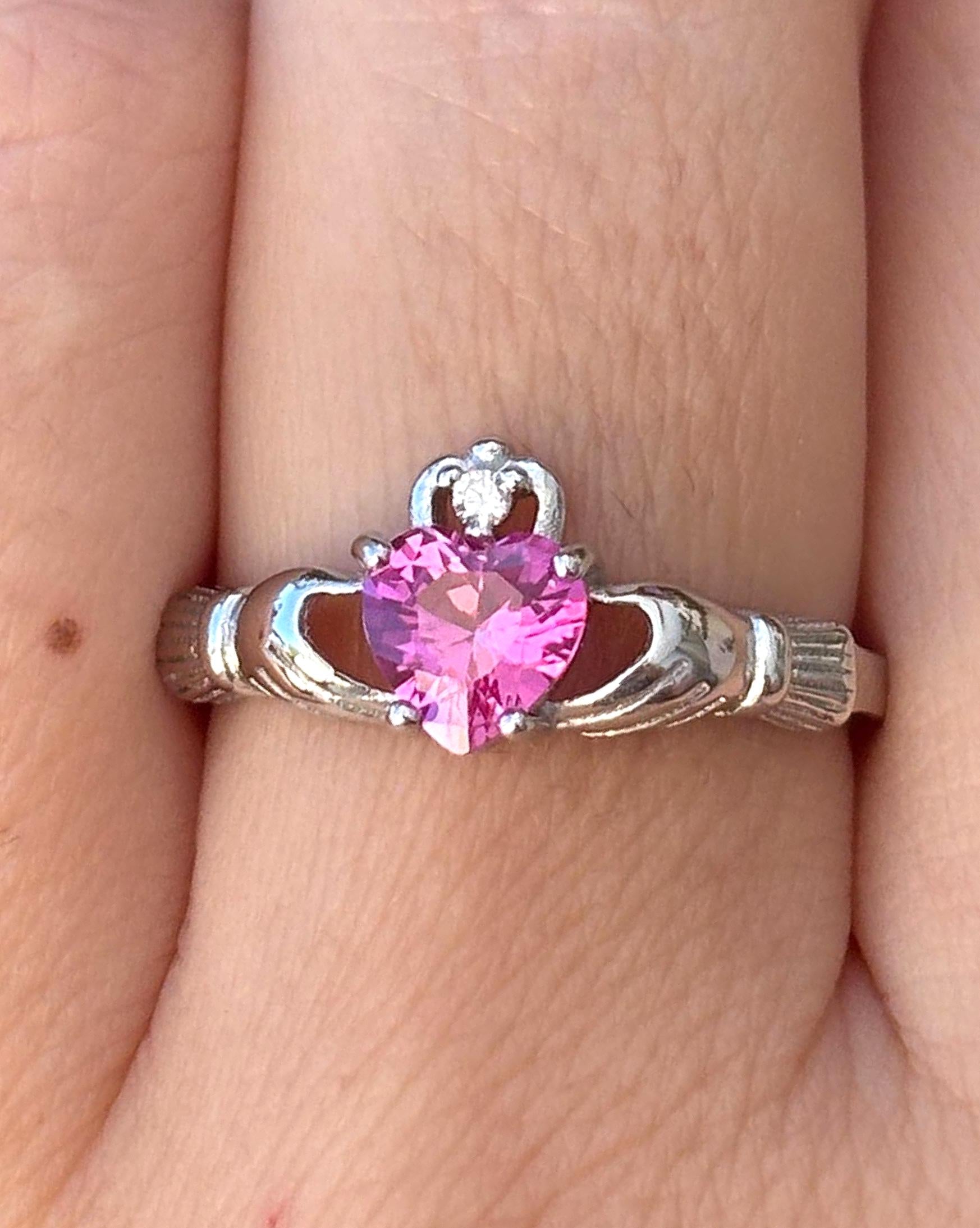 Pink Tourmaline Claddagh Ring, Sterling Silver Irish Ring, Heart Promise Ring, Celtic Ring, Pink Rose CZ Ring, Gift for Her, Love Ring