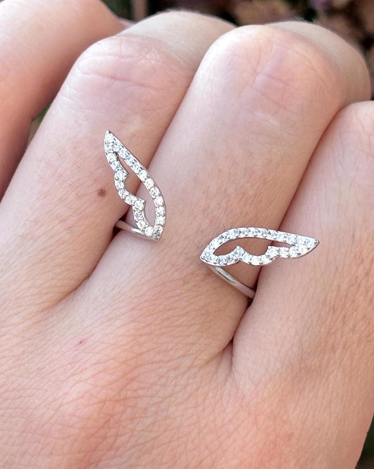 Angel Wings Ring, Sterling Silver Wing Ring, Guardian Angel Jewelry, CZ Open Ring, Feather Ring, Memorial Gift for Her, Promise Ring