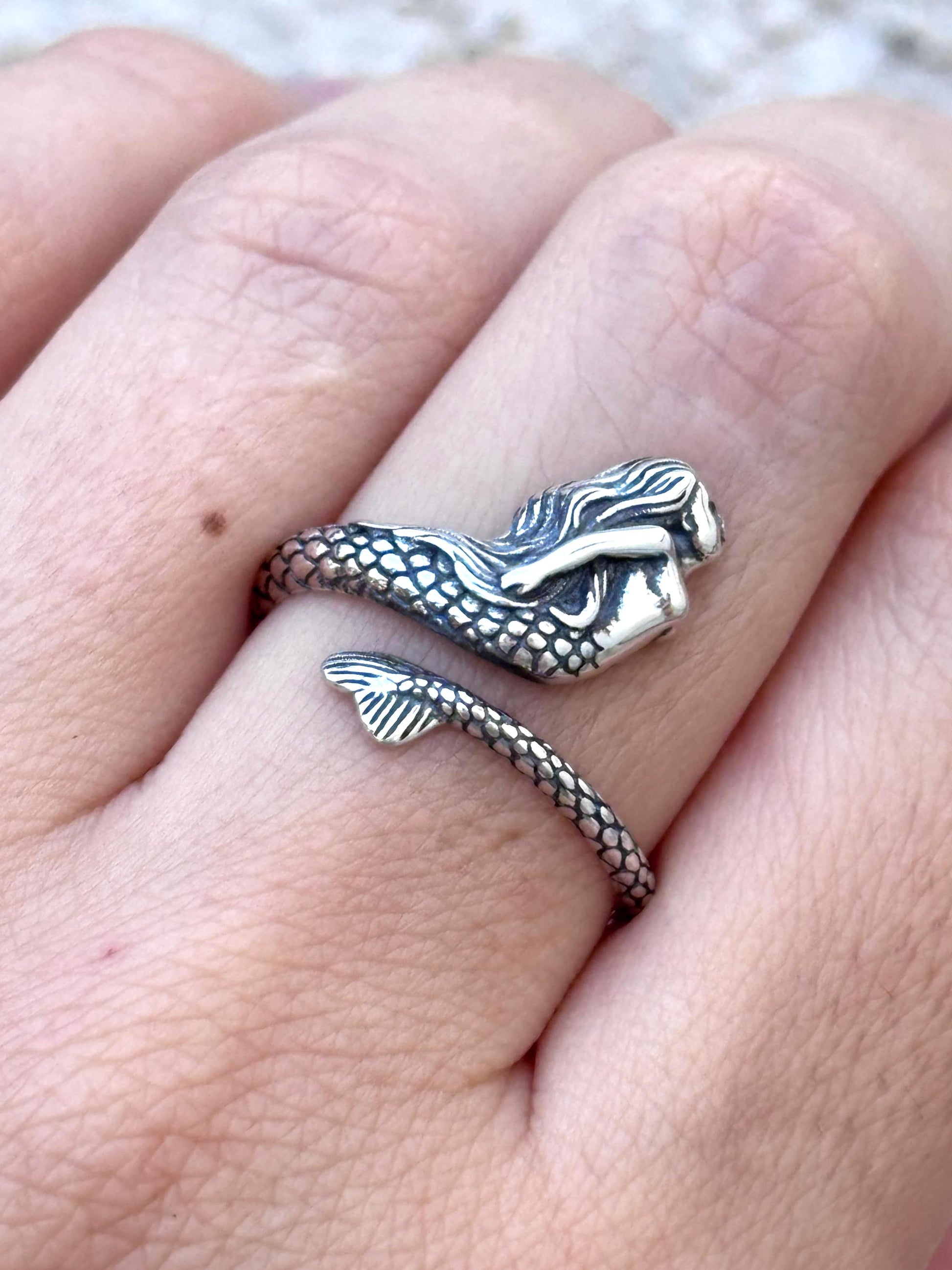 Mermaid Ring 925 Sterling Silver, Mermaid Tail Ring, Ocean Inspired Ring, Adjustable Mermaid Jewelry, Fantasy Sea Ring, Beach Lover Gift