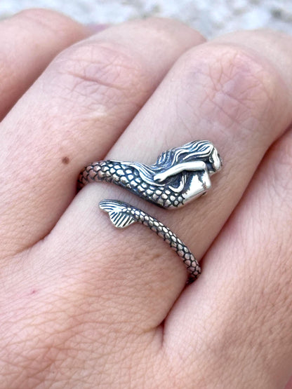 Mermaid Ring 925 Sterling Silver, Mermaid Tail Ring, Ocean Inspired Ring, Adjustable Mermaid Jewelry, Fantasy Sea Ring, Beach Lover Gift