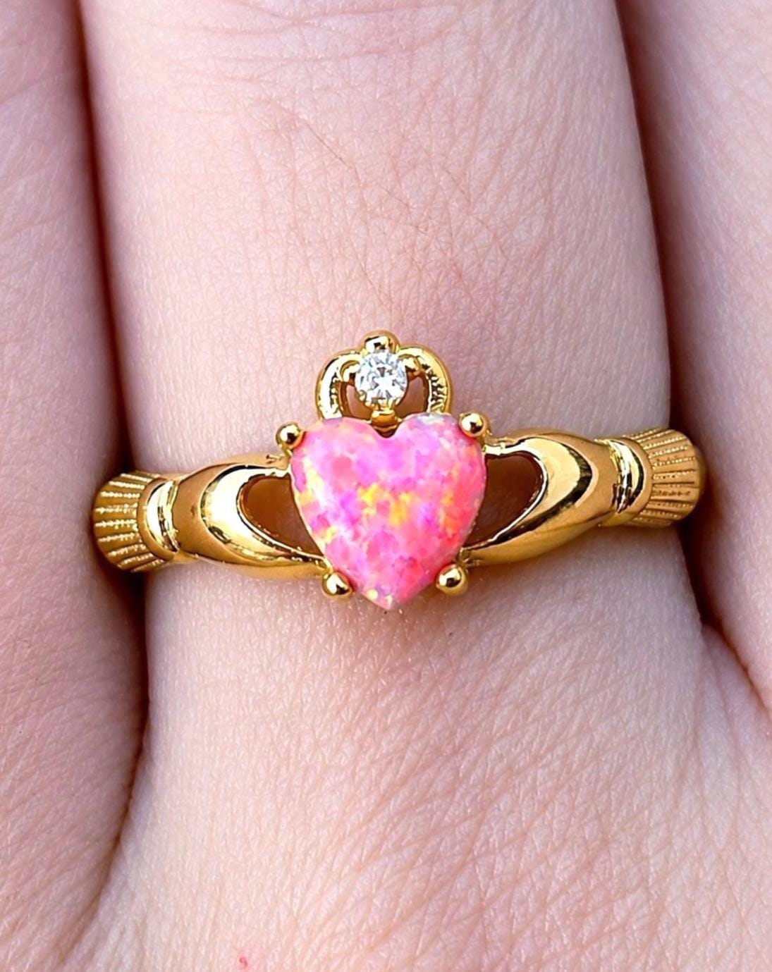 Sterling Silver Pink Opal Claddagh Ring, Irish Heart Ring, Celtic Promise Ring, Pink Heart Ring, Romantic Jewelry, Gift for Her, Irish Gift