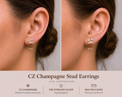 Champagne CZ Stud Earrings, Morganite Color Studs, Sterling Silver Earrings, Tiny Stud Earrings, Beige CZ Earrings, 2mm-12mm