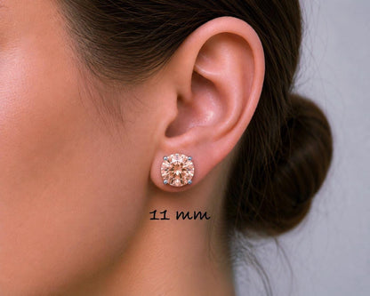 Champagne CZ Stud Earrings, Morganite Color Studs, Sterling Silver Earrings, Tiny Stud Earrings, Beige CZ Earrings, 2mm-12mm
