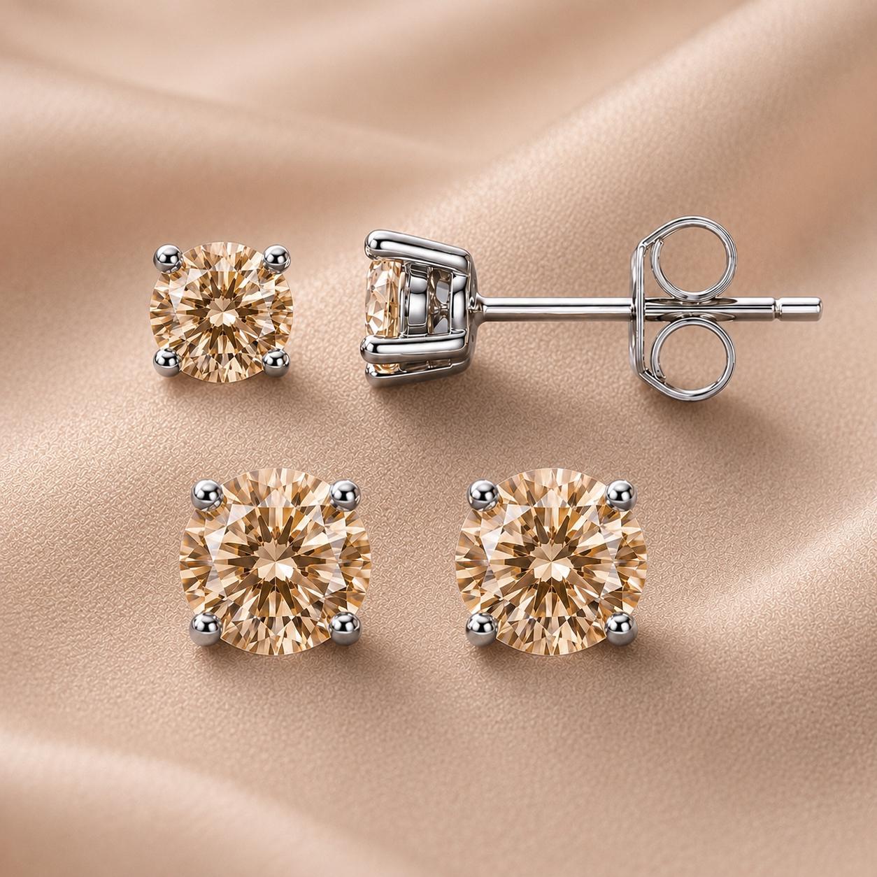 Champagne CZ Stud Earrings, Morganite Color Studs, Sterling Silver Earrings, Tiny Stud Earrings, Beige CZ Earrings, 2mm-12mm