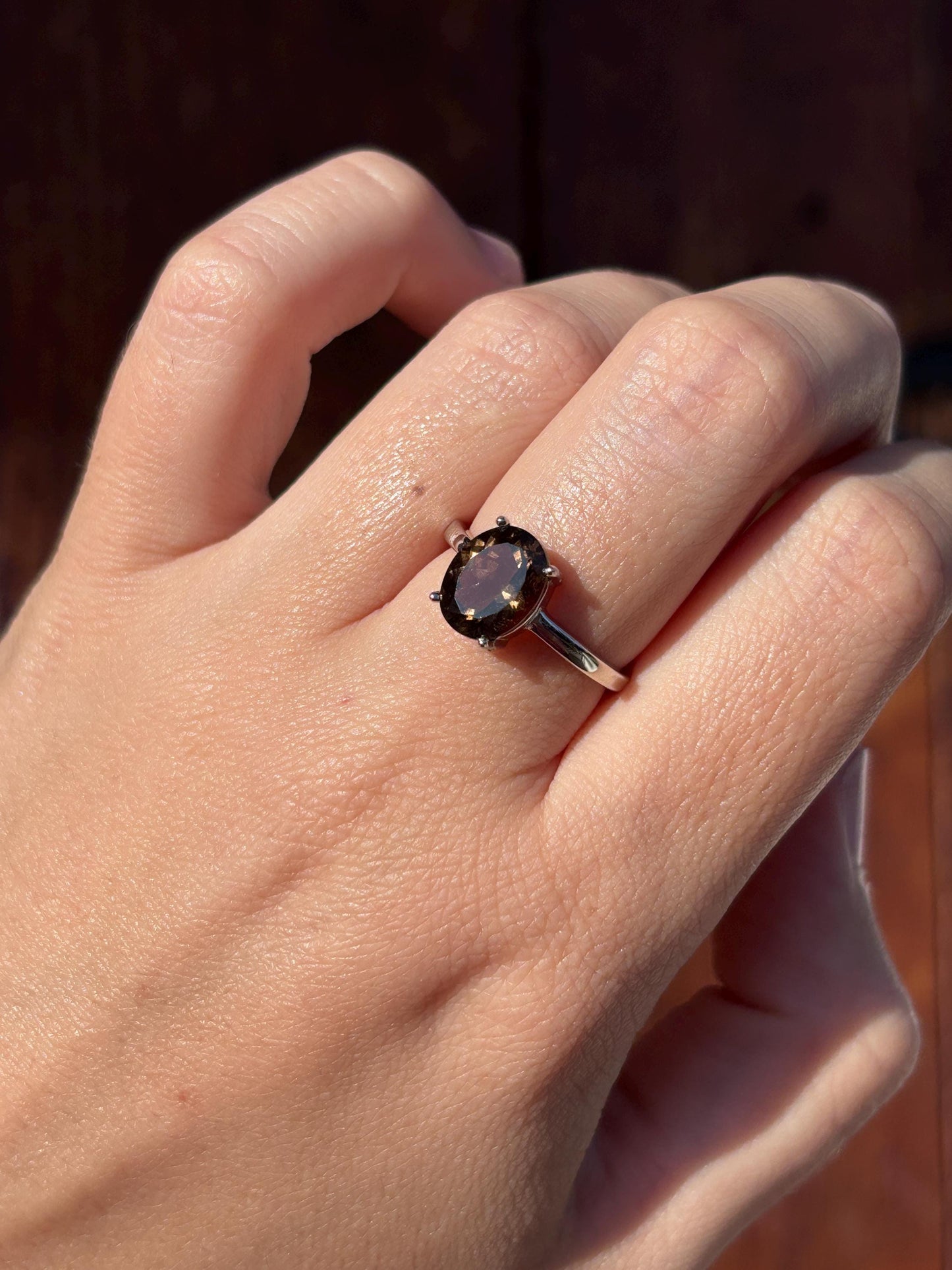 Natural Smoky Quartz Ring, 9x7mm Oval Solitaire Ring, Sterling Silver Promise Ring, Brown Gemstone Ring, Gift for Her
