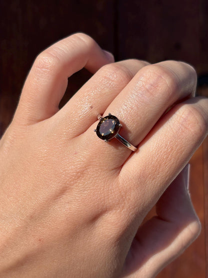 Natural Smoky Quartz Ring, 9x7mm Oval Solitaire Ring, Sterling Silver Promise Ring, Brown Gemstone Ring, Gift for Her