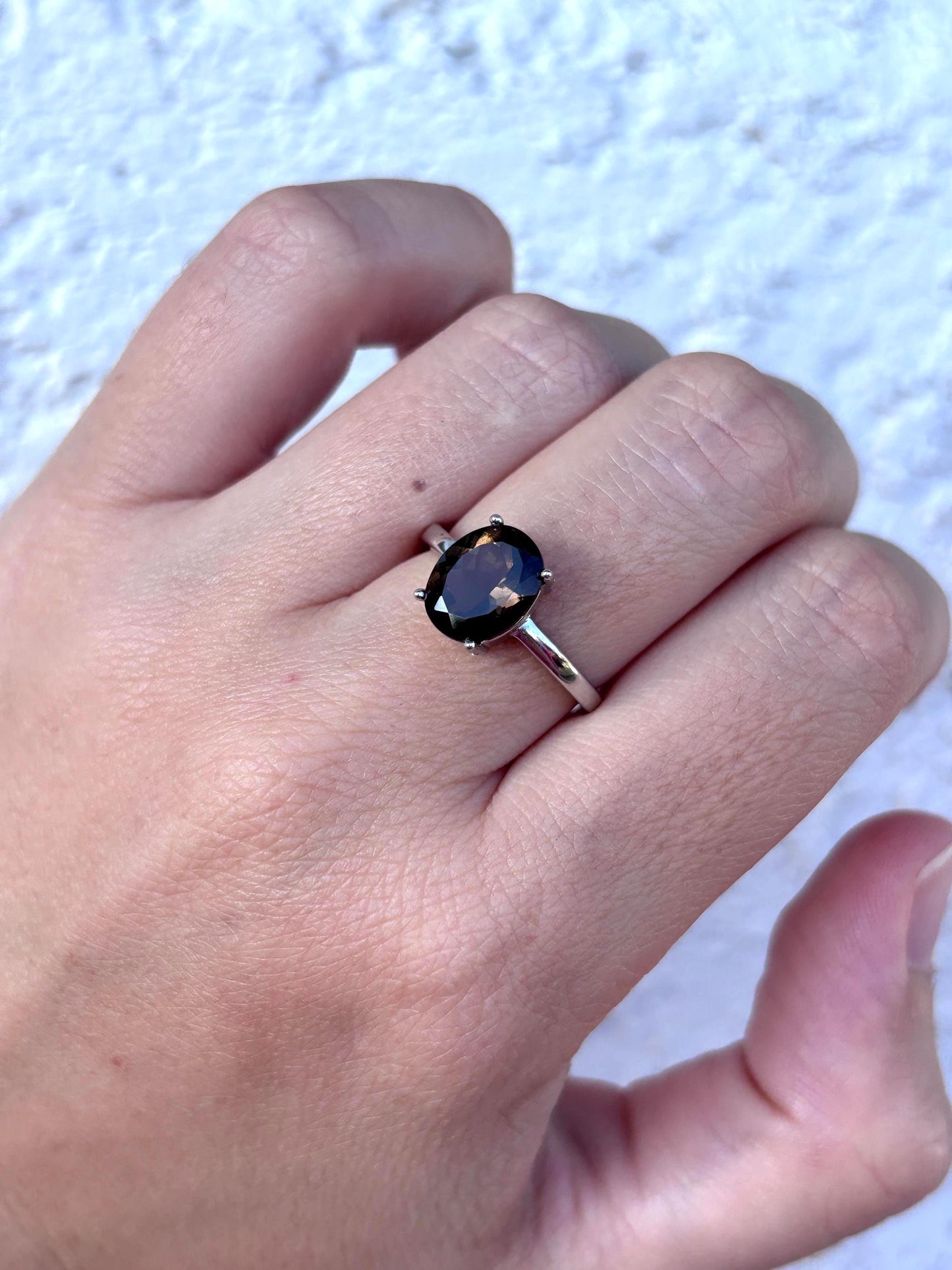 Natural Smoky Quartz Ring, 9x7mm Oval Solitaire Ring, Sterling Silver Promise Ring, Brown Gemstone Ring, Gift for Her