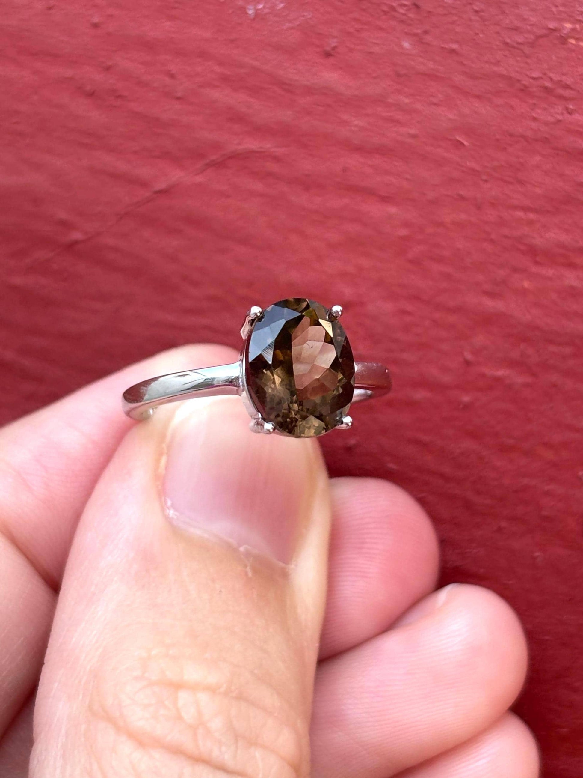 Natural Smoky Quartz Ring, 9x7mm Oval Solitaire Ring, Sterling Silver Promise Ring, Brown Gemstone Ring, Gift for Her