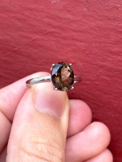 Natural Smoky Quartz Ring, 9x7mm Oval Solitaire Ring, Sterling Silver Promise Ring, Brown Gemstone Ring, Gift for Her