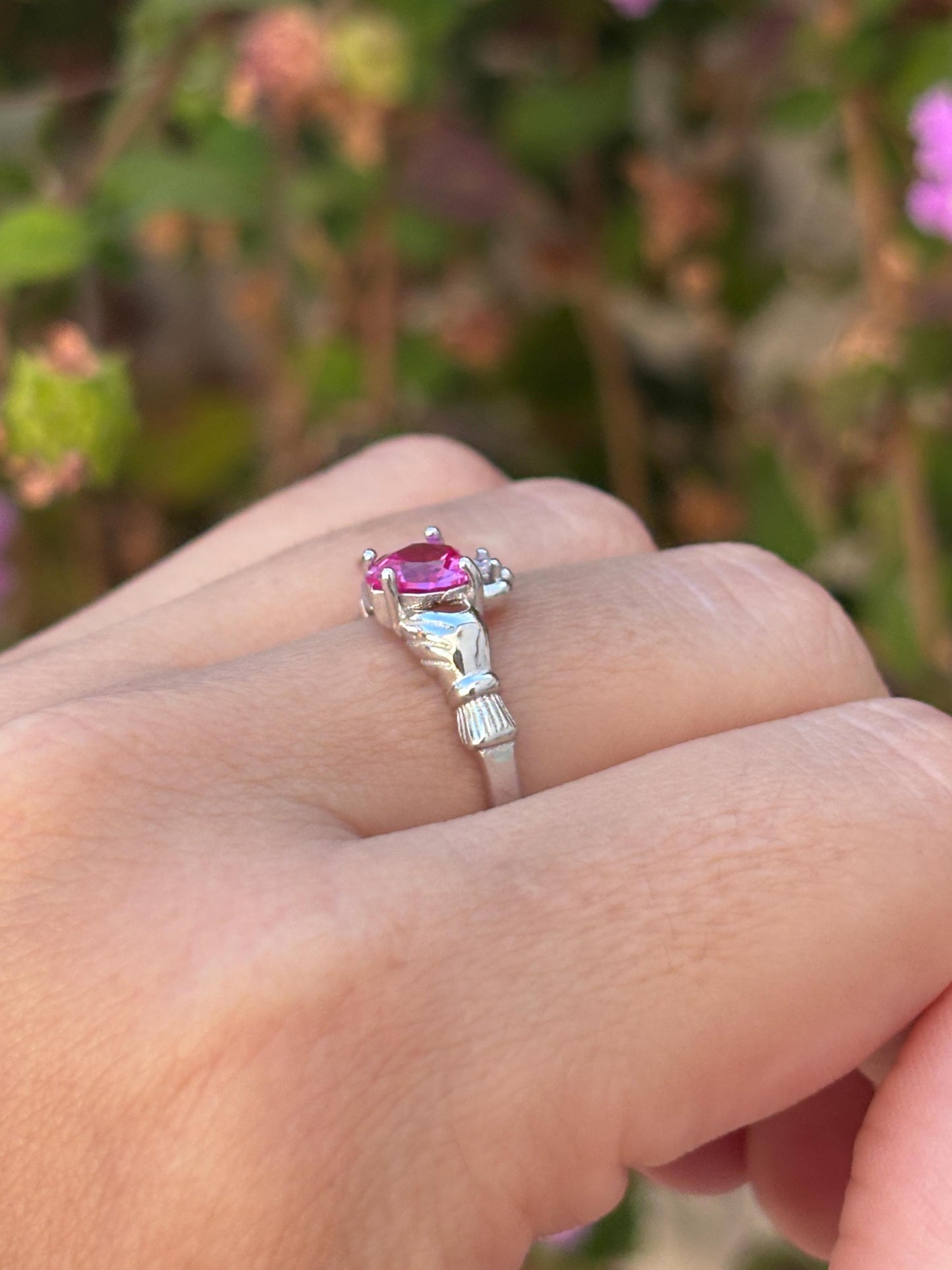 Pink Tourmaline Claddagh Ring, Sterling Silver Irish Ring, Heart Promise Ring, Celtic Ring, Pink Rose CZ Ring, Gift for Her, Love Ring