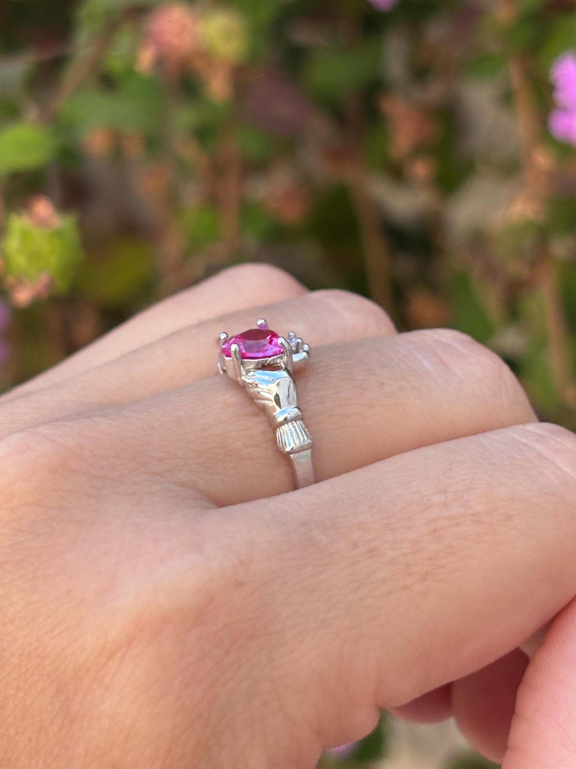 Pink Tourmaline Claddagh Ring, Sterling Silver Irish Ring, Heart Promise Ring, Celtic Ring, Pink Rose CZ Ring, Gift for Her, Love Ring