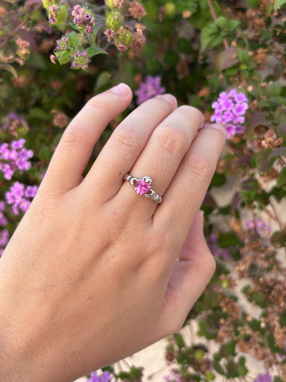 Pink Tourmaline Claddagh Ring, Sterling Silver Irish Ring, Heart Promise Ring, Celtic Ring, Pink Rose CZ Ring, Gift for Her, Love Ring
