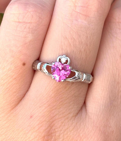 Pink Tourmaline Claddagh Ring, Sterling Silver Irish Ring, Heart Promise Ring, Celtic Ring, Pink Rose CZ Ring, Gift for Her, Love Ring