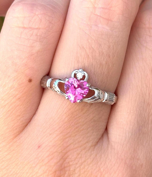 Pink Tourmaline Claddagh Ring, Sterling Silver Irish Ring, Heart Promise Ring, Celtic Ring, Pink Rose CZ Ring, Gift for Her, Love Ring
