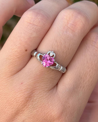 Pink Tourmaline Claddagh Ring, Sterling Silver Irish Ring, Heart Promise Ring, Celtic Ring, Pink Rose CZ Ring, Gift for Her, Love Ring