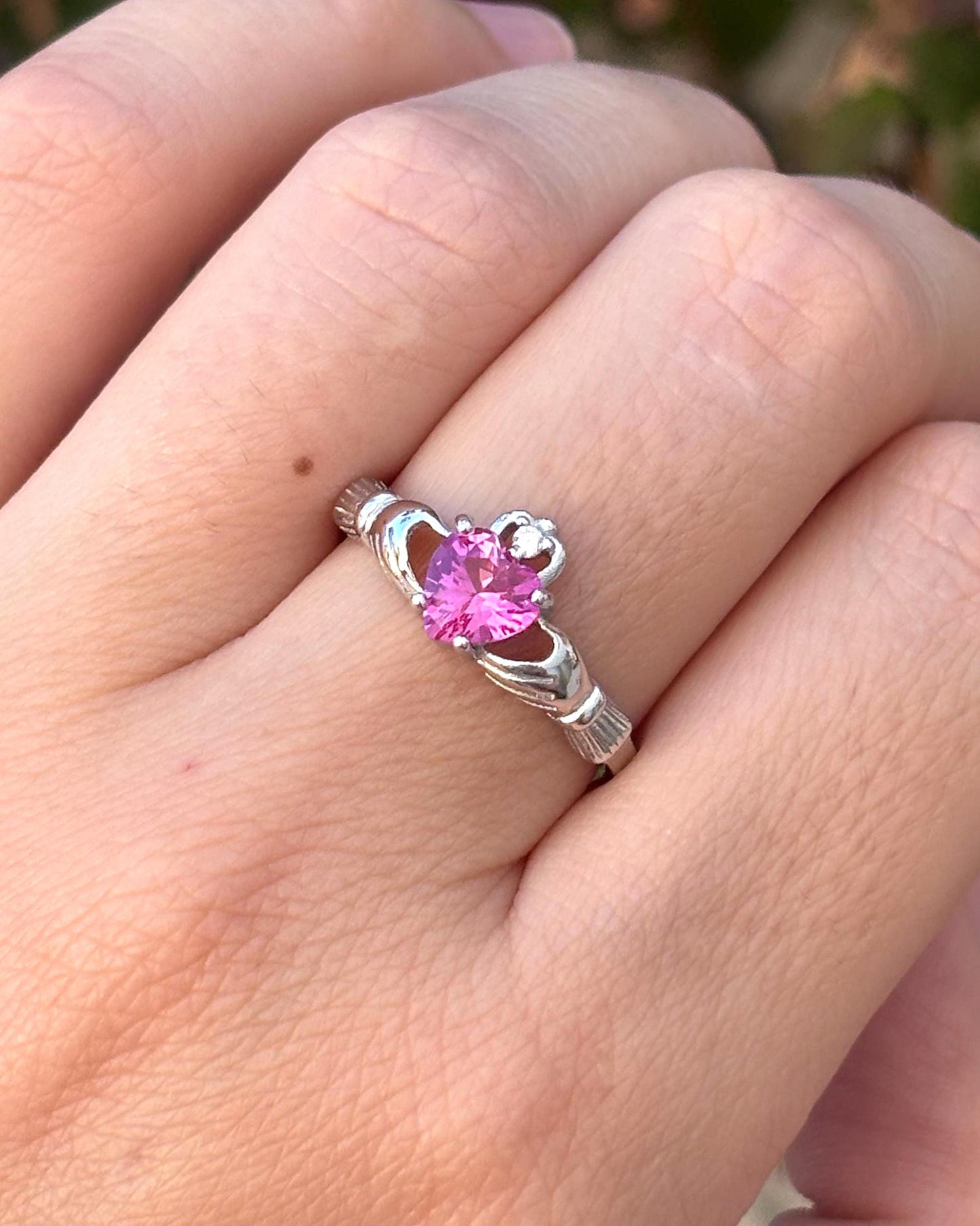 Pink Tourmaline Claddagh Ring, Sterling Silver Irish Ring, Heart Promise Ring, Celtic Ring, Pink Rose CZ Ring, Gift for Her, Love Ring