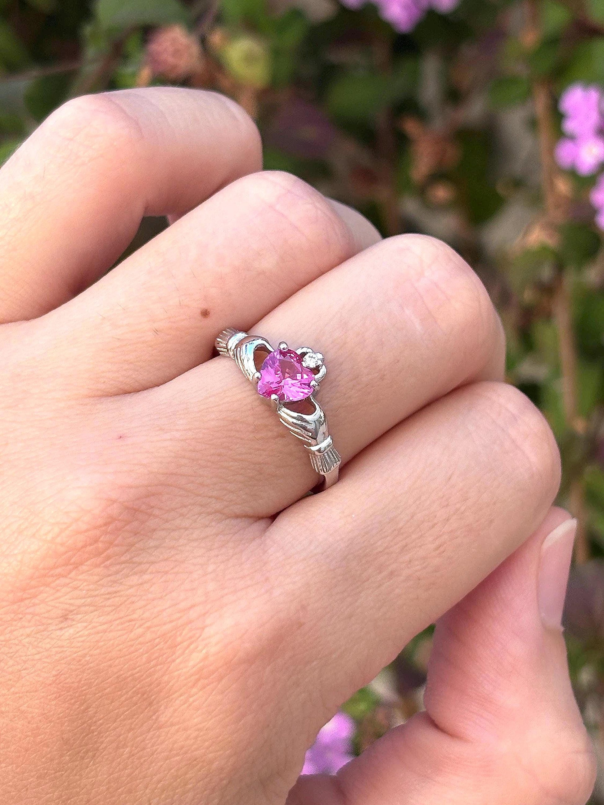 Pink Tourmaline Claddagh Ring, Sterling Silver Irish Ring, Heart Promise Ring, Celtic Ring, Pink Rose CZ Ring, Gift for Her, Love Ring