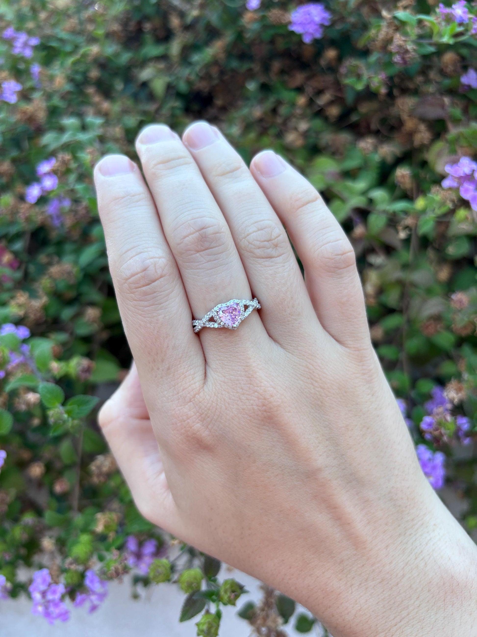Pink Heart Ring, Pink Tourmaline CZ Ring, Sterling Silver Promise Ring, Halo Heart Ring, Romantic Gift for Her