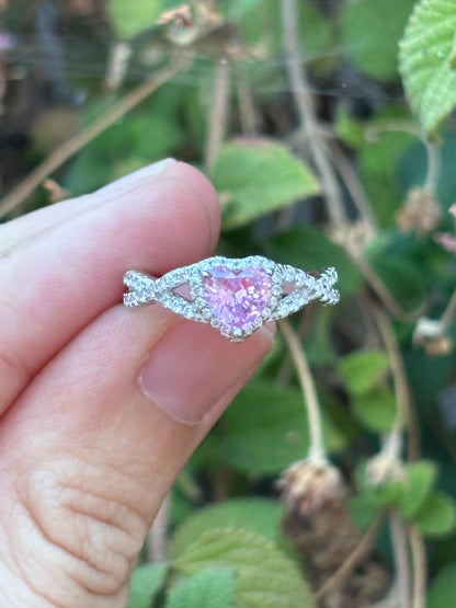 Pink Heart Ring, Pink Tourmaline CZ Ring, Sterling Silver Promise Ring, Halo Heart Ring, Romantic Gift for Her