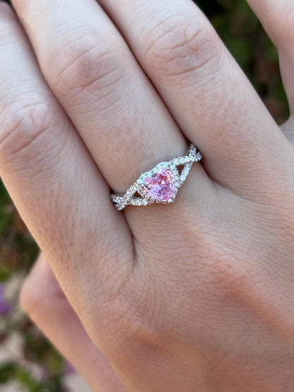 Pink Heart Ring, Pink Tourmaline CZ Ring, Sterling Silver Promise Ring, Halo Heart Ring, Romantic Gift for Her