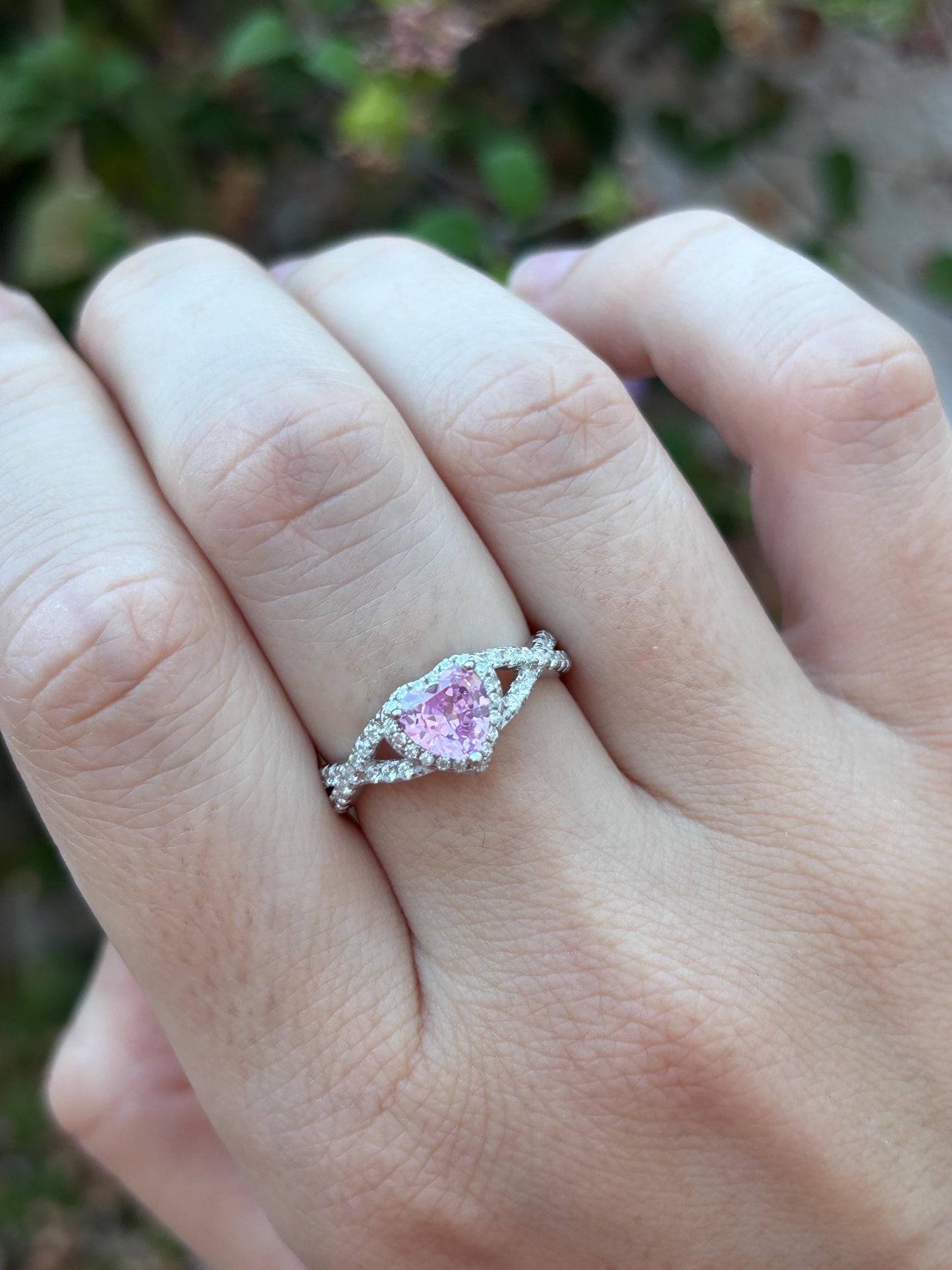 Pink Heart Ring, Pink Tourmaline CZ Ring, Sterling Silver Promise Ring, Halo Heart Ring, Romantic Gift for Her