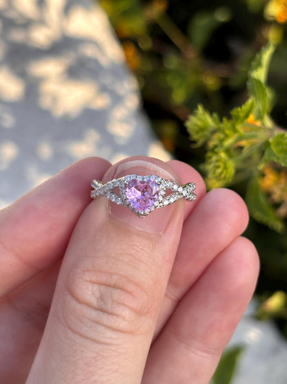 Pink Heart Ring, Pink Tourmaline CZ Ring, Sterling Silver Promise Ring, Halo Heart Ring, Romantic Gift for Her