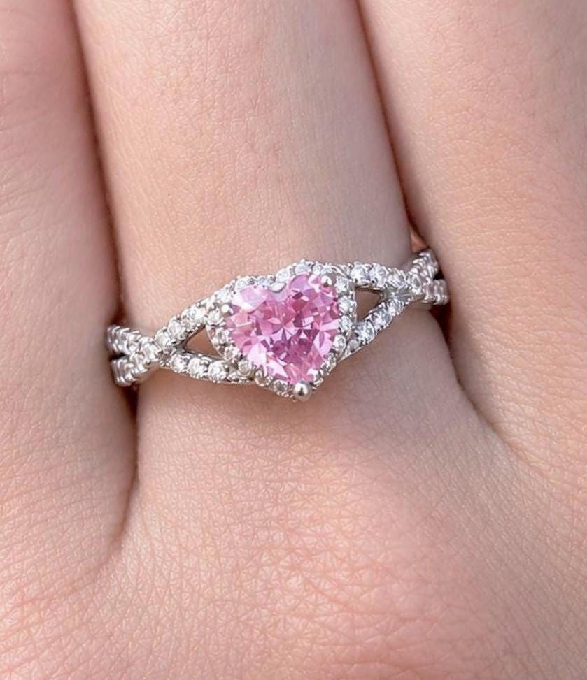 Pink Heart Ring, Pink Tourmaline CZ Ring, Sterling Silver Promise Ring, Halo Heart Ring, Romantic Gift for Her