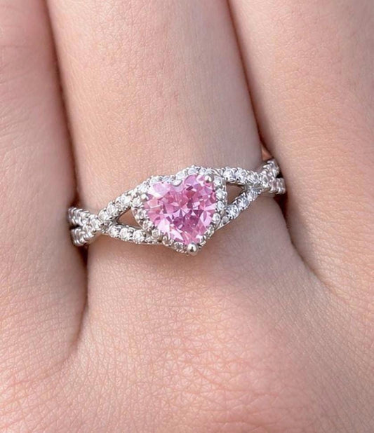 Pink Heart Ring, Pink Tourmaline CZ Ring, Sterling Silver Promise Ring, Halo Heart Ring, Romantic Gift for Her