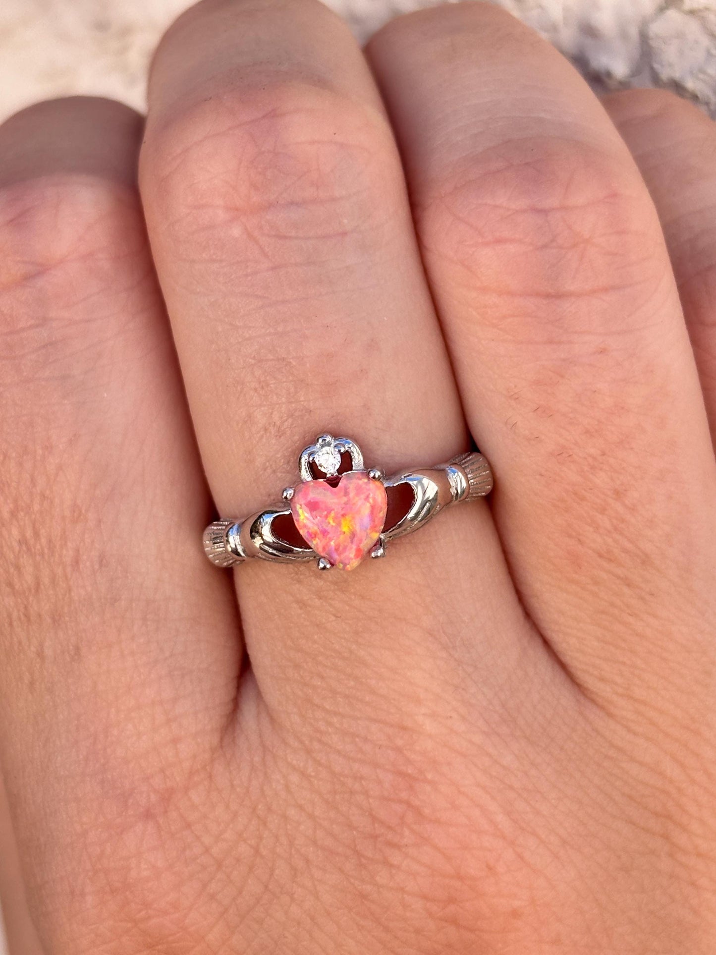 Coral Pink Opal Claddagh Ring, 925 Sterling Silver Irish Ring, Heart Pink Opal Promise Ring, Friendship Ring, Anniversary Gift for Her