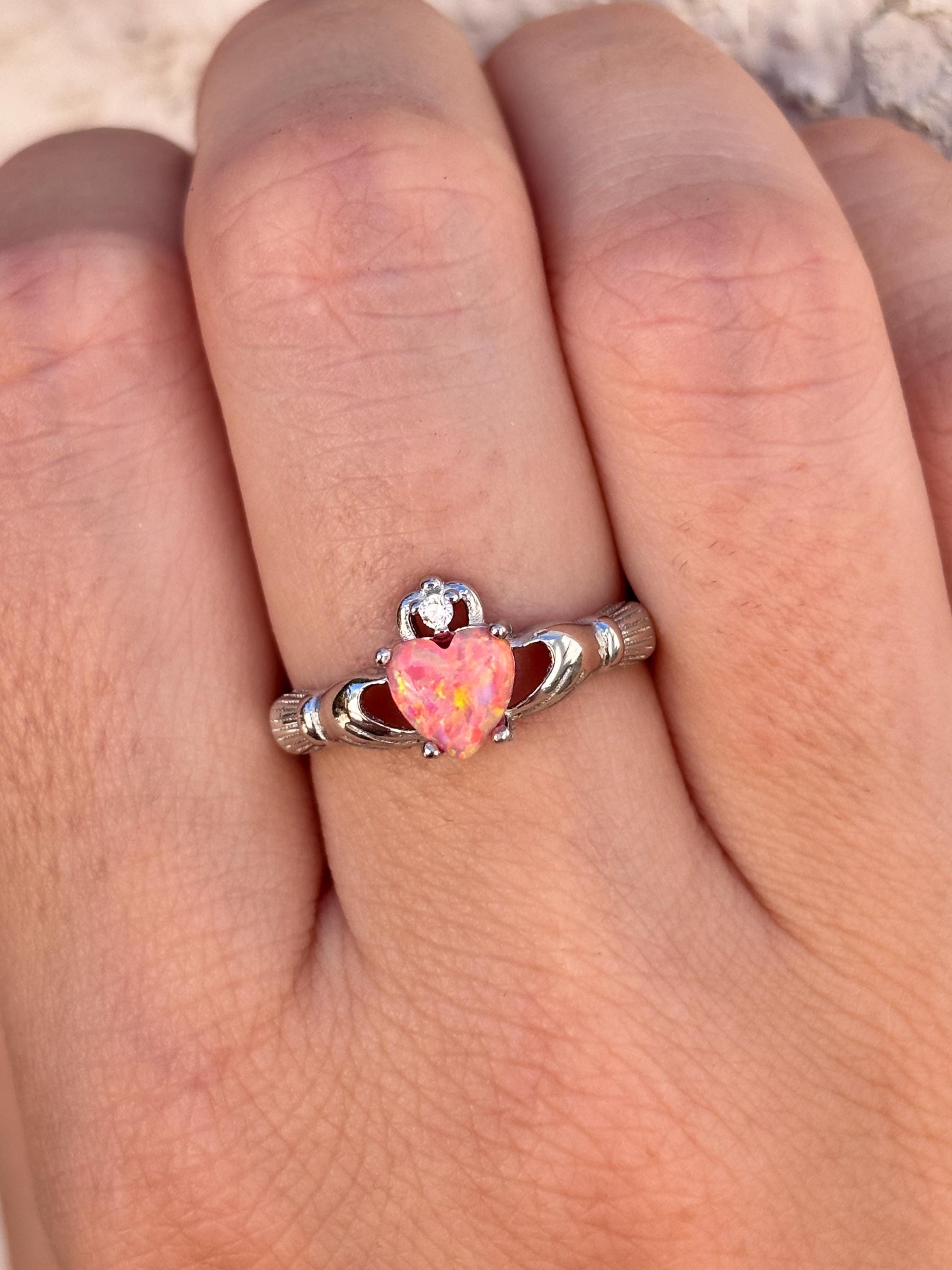 Coral Pink Opal Claddagh Ring, 925 Sterling Silver Irish Ring, Heart Pink Opal Promise Ring, Friendship Ring, Anniversary Gift for Her