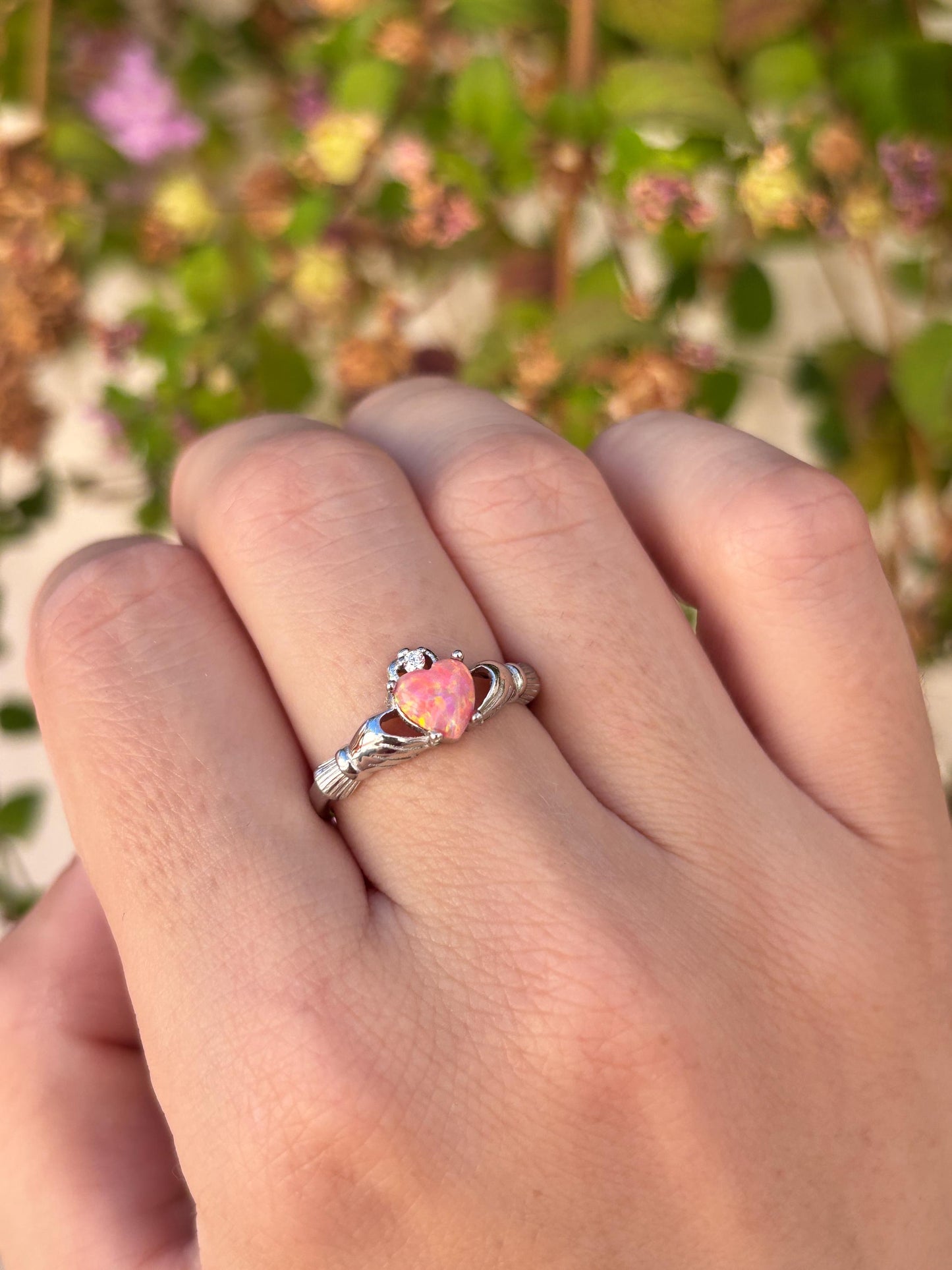Coral Pink Opal Claddagh Ring, 925 Sterling Silver Irish Ring, Heart Pink Opal Promise Ring, Friendship Ring, Anniversary Gift for Her