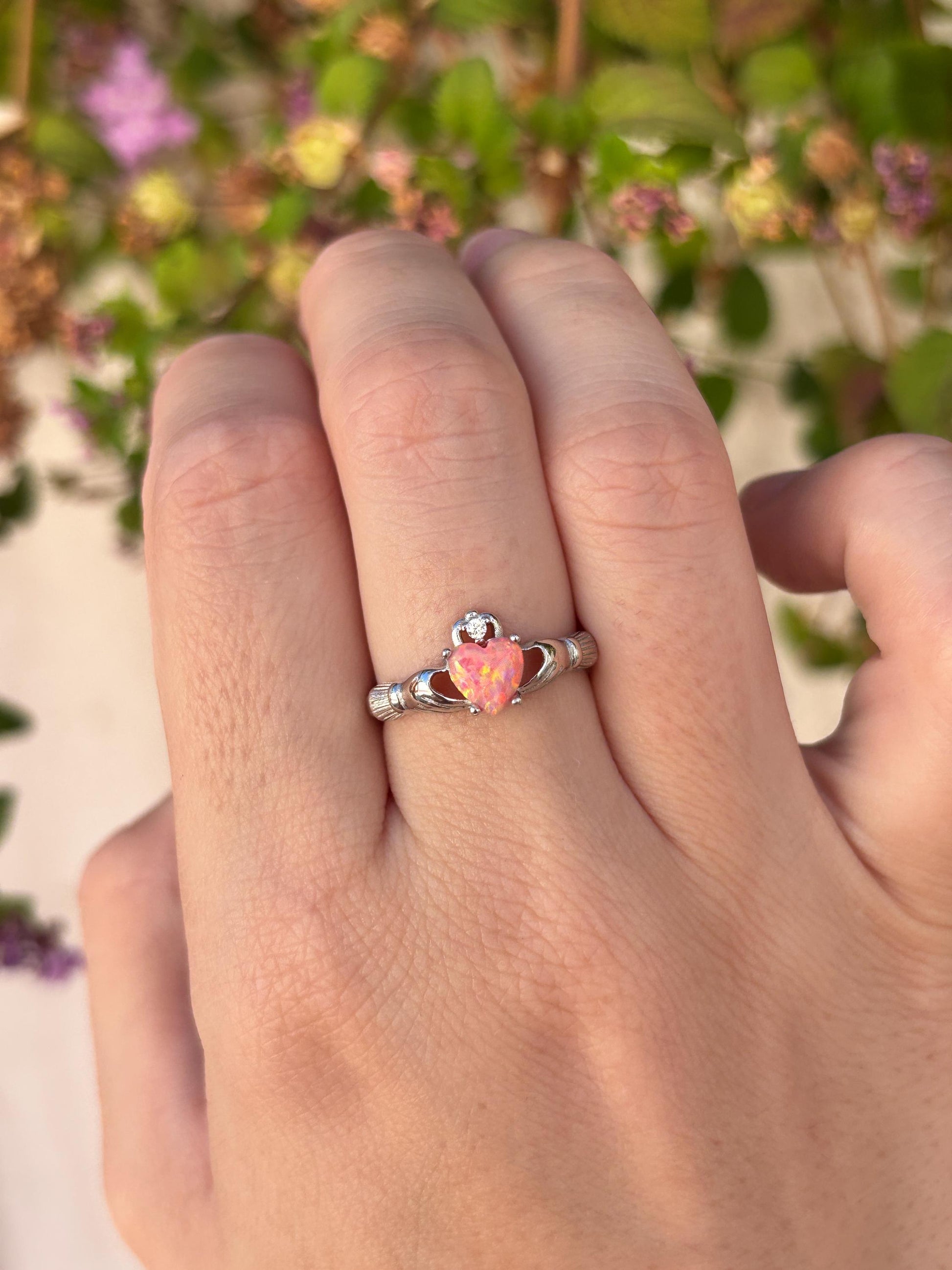 Coral Pink Opal Claddagh Ring, 925 Sterling Silver Irish Ring, Heart Pink Opal Promise Ring, Friendship Ring, Anniversary Gift for Her