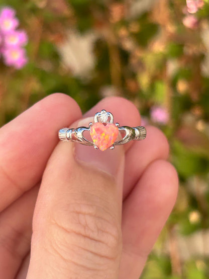 Coral Pink Opal Claddagh Ring, 925 Sterling Silver Irish Ring, Heart Pink Opal Promise Ring, Friendship Ring, Anniversary Gift for Her