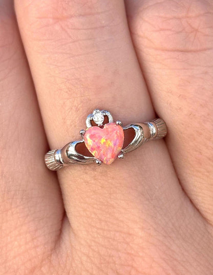 Coral Pink Opal Claddagh Ring, 925 Sterling Silver Irish Ring, Heart Pink Opal Promise Ring, Friendship Ring, Anniversary Gift for Her