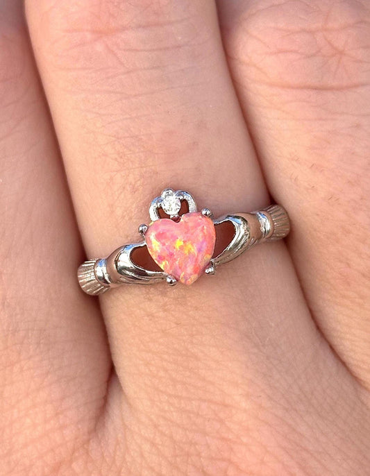 Coral Pink Opal Claddagh Ring, 925 Sterling Silver Irish Ring, Heart Pink Opal Promise Ring, Friendship Ring, Anniversary Gift for Her
