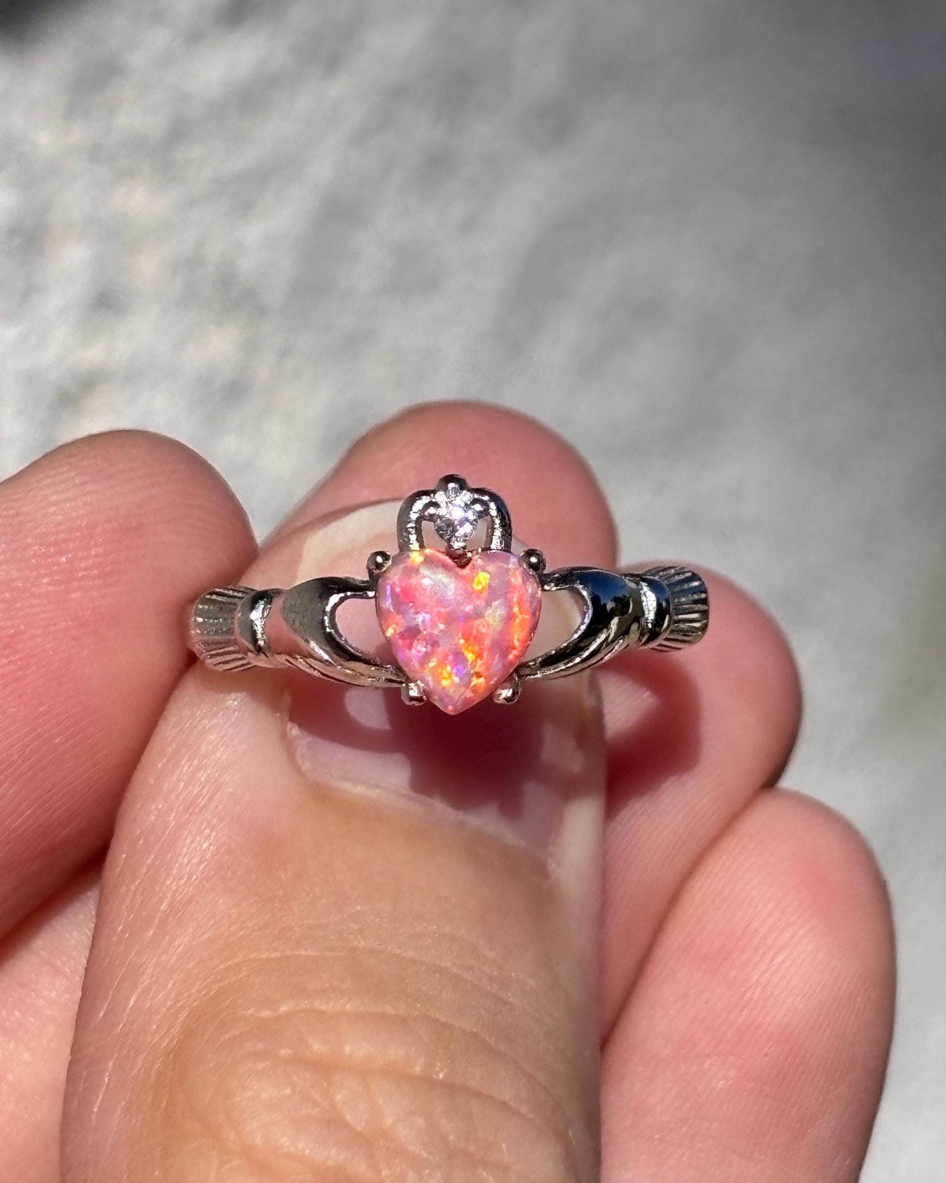 Coral Pink Opal Claddagh Ring, 925 Sterling Silver Irish Ring, Heart Pink Opal Promise Ring, Friendship Ring, Anniversary Gift for Her