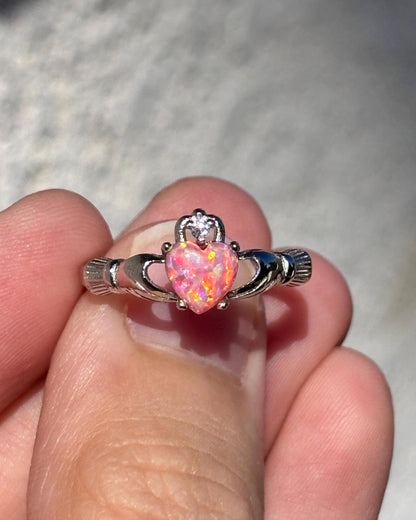 Coral Pink Opal Claddagh Ring, 925 Sterling Silver Irish Ring, Heart Pink Opal Promise Ring, Friendship Ring, Anniversary Gift for Her
