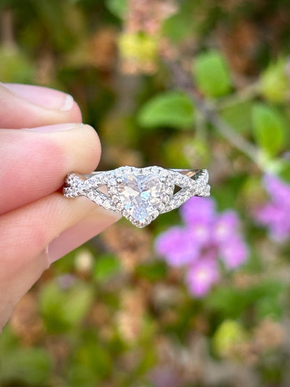 Heart Halo Ring, Diamond Clear CZ Ring, Sterling Silver Heart Ring, Bypass Ring, Promise Ring, Gift for Her, Romantic Jewelry