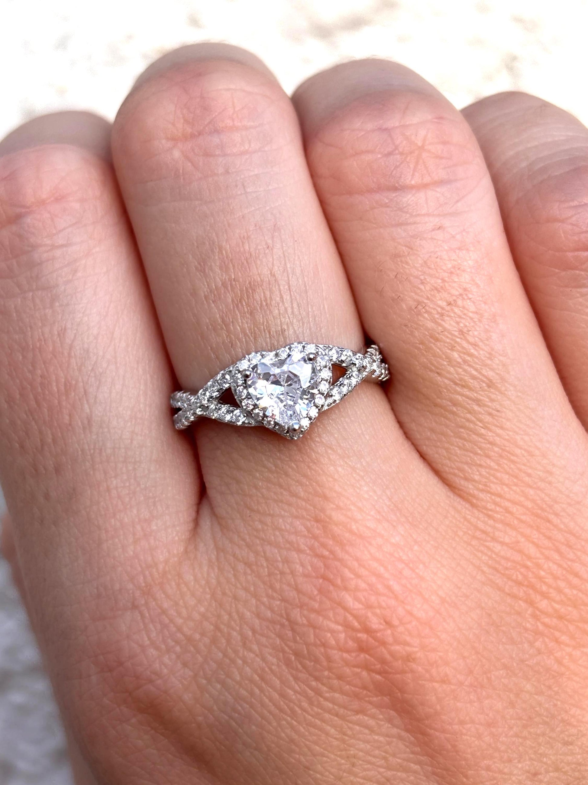 Heart Halo Ring, Diamond Clear CZ Ring, Sterling Silver Heart Ring, Bypass Ring, Promise Ring, Gift for Her, Romantic Jewelry