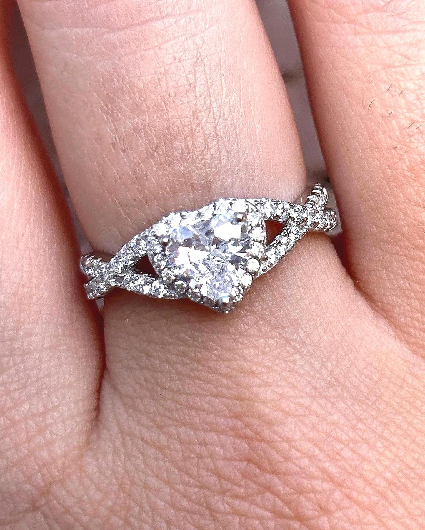 Heart Halo Ring, Diamond Clear CZ Ring, Sterling Silver Heart Ring, Bypass Ring, Promise Ring, Gift for Her, Romantic Jewelry