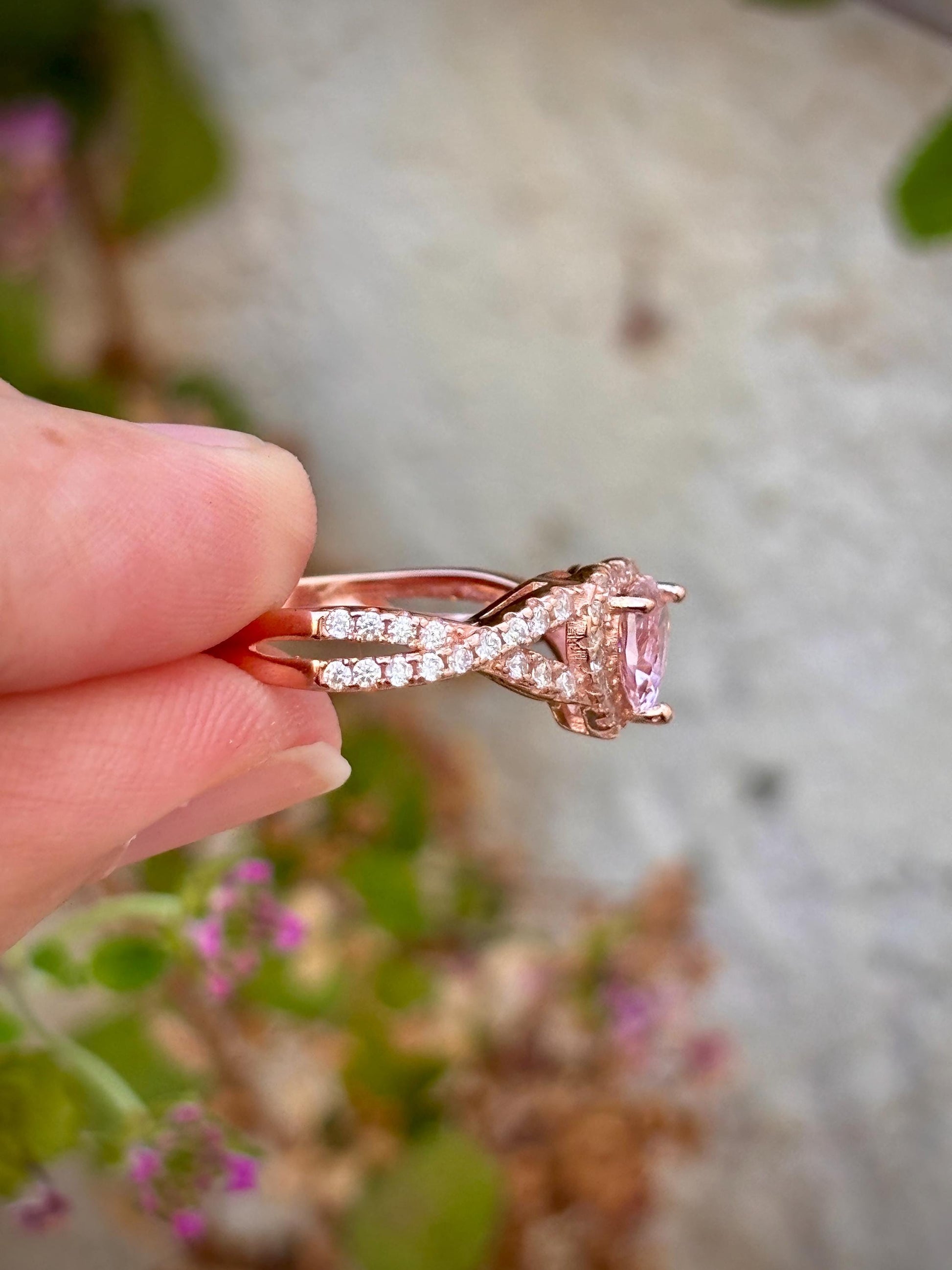 Rose Gold Heart Ring, Rose Morganite CZ Ring, Sterling Silver Halo Ring, Promise Ring, Bypass Ring, Gift for Her, Romantic Jewelry