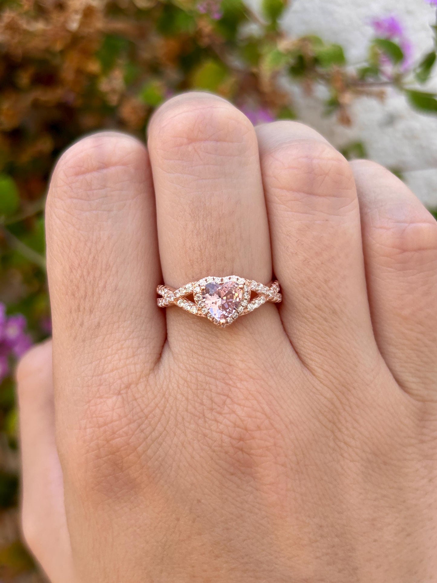 Rose Gold Heart Ring, Rose Morganite CZ Ring, Sterling Silver Halo Ring, Promise Ring, Bypass Ring, Gift for Her, Romantic Jewelry