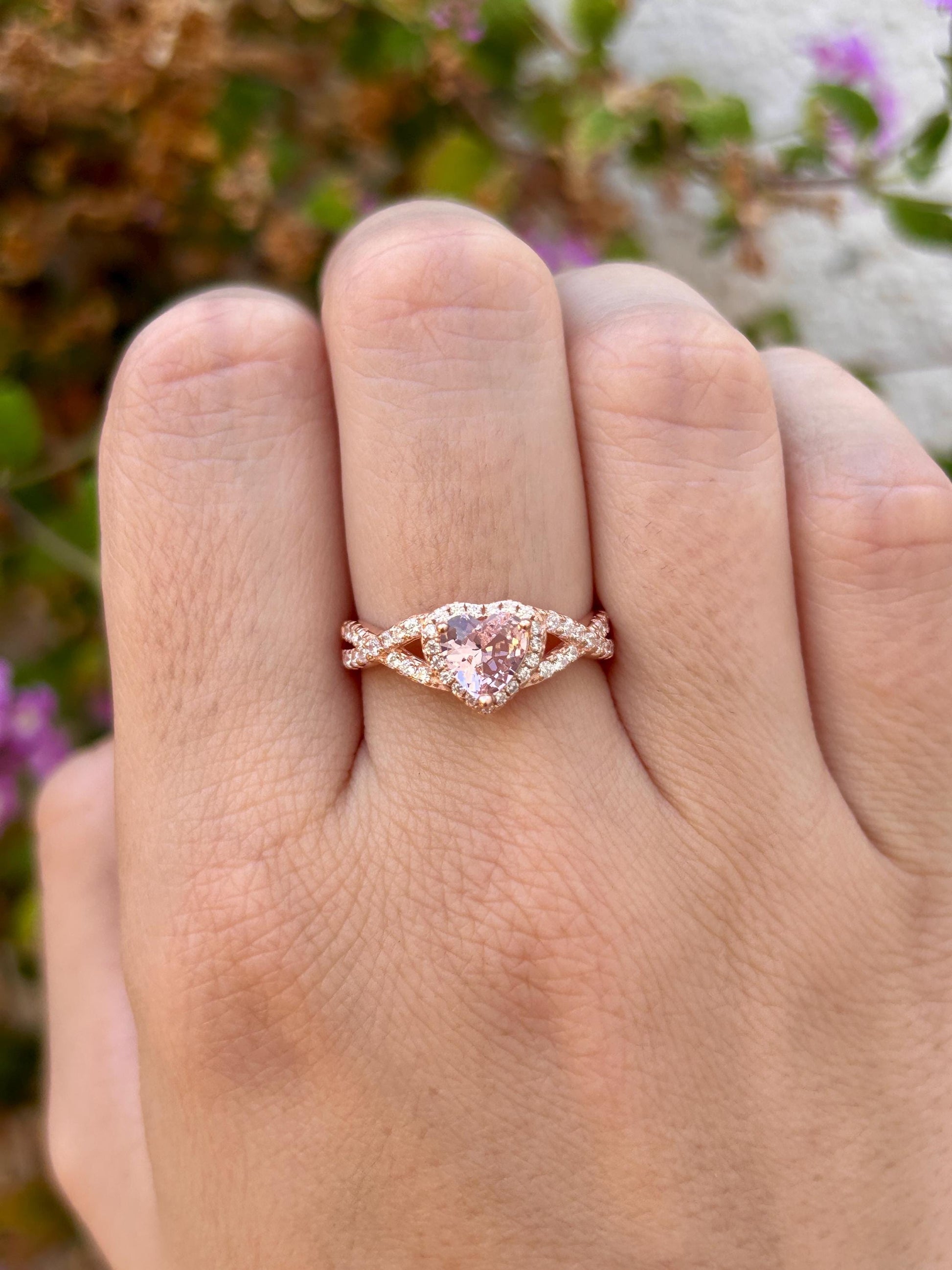 Rose Gold Heart Ring, Rose Morganite CZ Ring, Sterling Silver Halo Ring, Promise Ring, Bypass Ring, Gift for Her, Romantic Jewelry