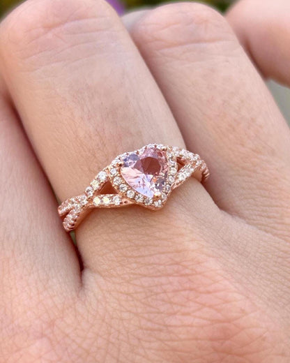 Rose Gold Heart Ring, Rose Morganite CZ Ring, Sterling Silver Halo Ring, Promise Ring, Bypass Ring, Gift for Her, Romantic Jewelry