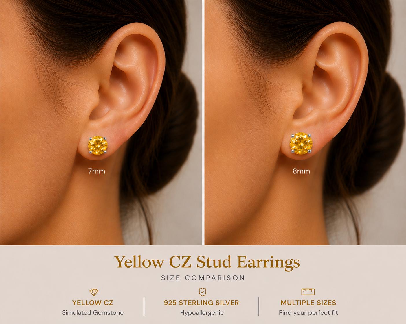 Yellow Citrine CZ Stud Earrings, 925 Sterling Silver Earrings, Yellow Gemstone Studs, Hypoallergenic Minimal Earrings, Everyday Jewelry Gift