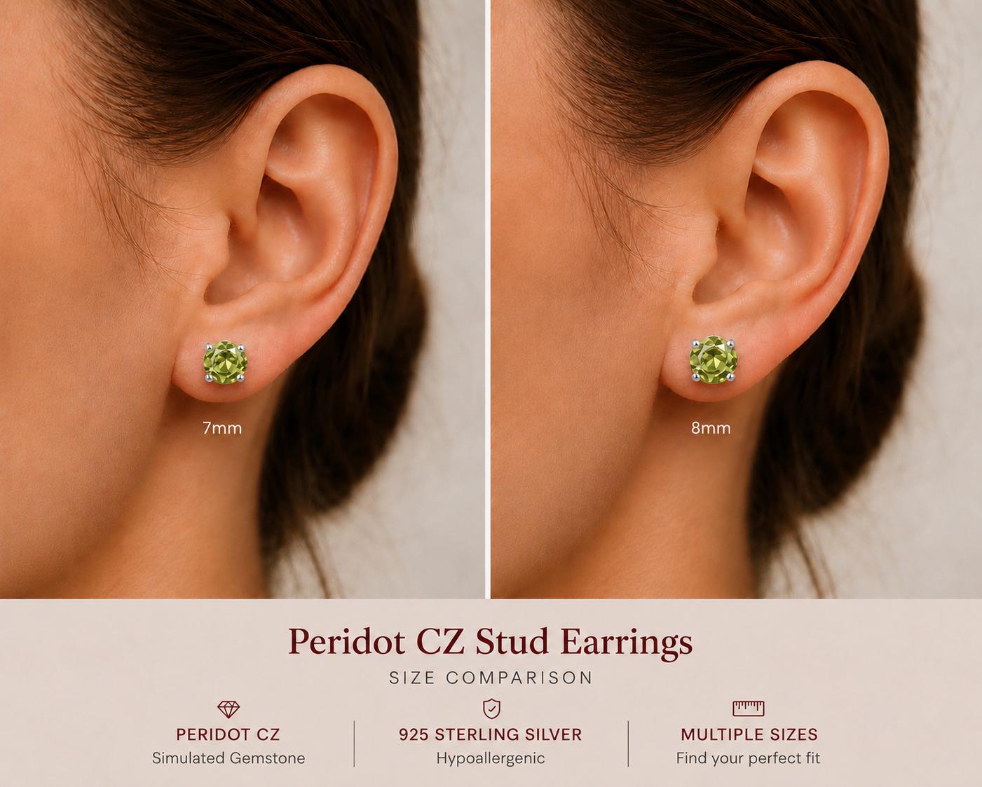 Peridot CZ Stud Earrings, Sterling Silver Stud Earrings, Green Crystal Earrings, 925 Silver Earrings, August Birthstone Studs, Gift for Her