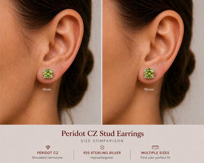 Peridot CZ Stud Earrings, Sterling Silver Stud Earrings, Green Crystal Earrings, 925 Silver Earrings, August Birthstone Studs, Gift for Her