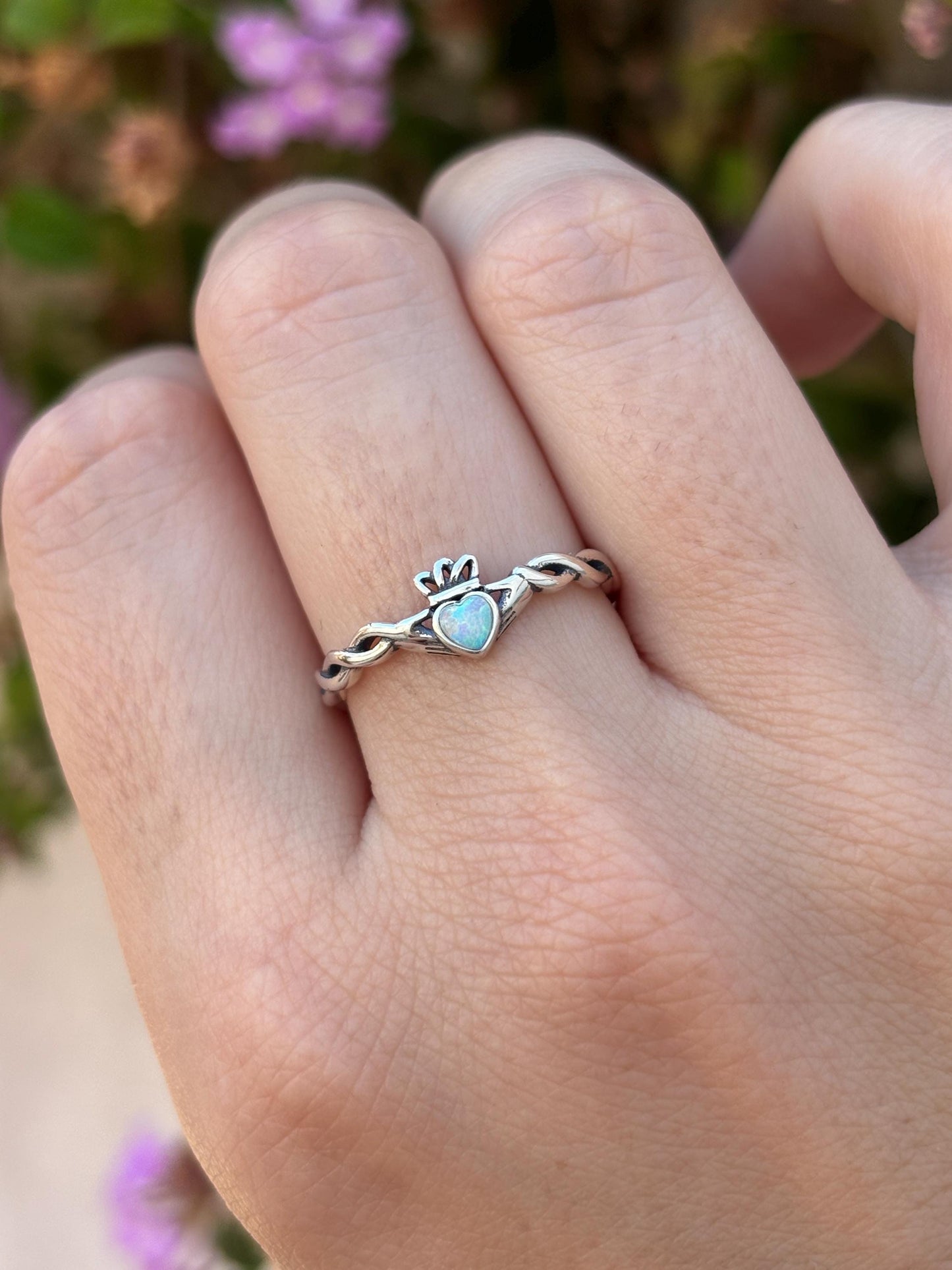 White Opal Claddagh Ring, Sterling Silver Irish Ring, Celtic Promise Ring, Heart Ring, Friendship Ring, 925 Silver Gift for Her